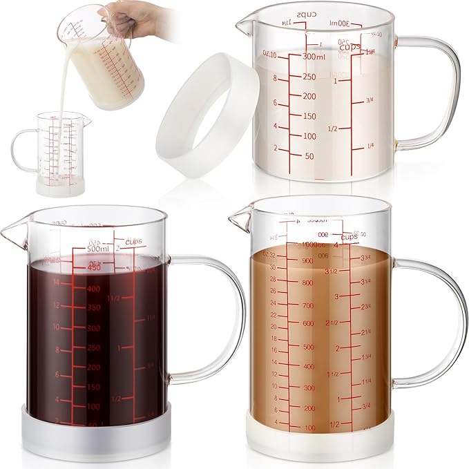 Lallisa 3 Sets Glass Measuring Cups with Handle 1 1/4 Cup, 2 Cup, 4 Cup High Borosilicate Glass Measuring Beaker, V Shaped Spout, 3 Scales (OZ, Cup, ML/CC) for Kitchen Restaurant