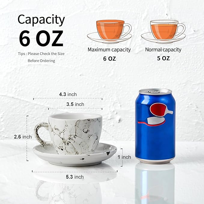 SIDUCAL Espresso Cups Set of 4,6 Ounce Ceramic Coffee Cups with Saucers,Porcelain Double Espresso Cup Set,Gift Box for Boyfriend Gift(White)