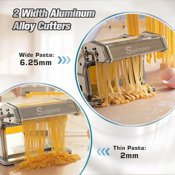 Sailnovo Pasta Maker Machine, 180 Roller Pasta Maker, 9 Adjustable Thickness Settings 2-in-1 Noodles Maker with Rollers and Cutter, Perfect for Spaghetti, Fettuccini, Lasagna or Dumpling Skin Silver