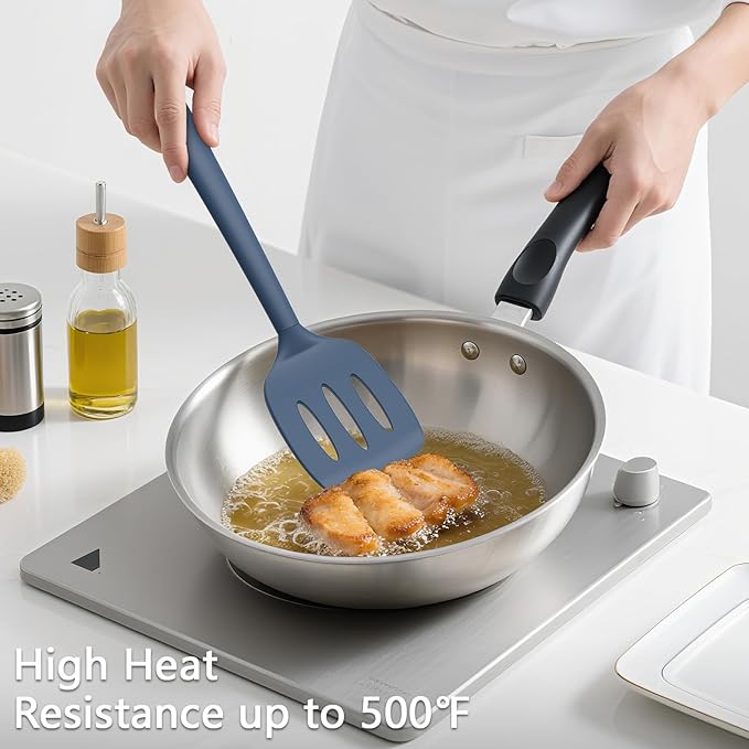 Coukre 3 Pack Silicone Spatula Set, High Heat Resistant, BPA-Free, Fish Spatula, Solid & Slotted Turner for Non-Stick Pans, Flipping Eggs, Pancakes, Fish, Burgers (3, PureDarkBlue)