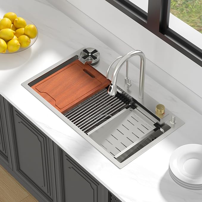 Lordear 33 Watefall Drop In Kitchen Sink 33x19x9 Inch Topmount Sink Stainless Steel 16 Gauge Single Bowl Multifunctional Workstation Sinks with Built-in Accessories,Glass Rinser and Faucet Included