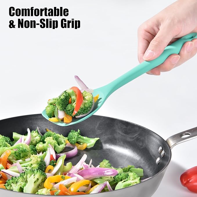 Doosu Silicone Spoon Spatula Set of 2, 600ºF Heat-Resistant Food Grade Rubber Spoonula with Seamless Design, Non-Stick Dishwasher Safe Kitchen Utensils for Cooking, Baking, Mixing, Scraping (Aqua Sky)