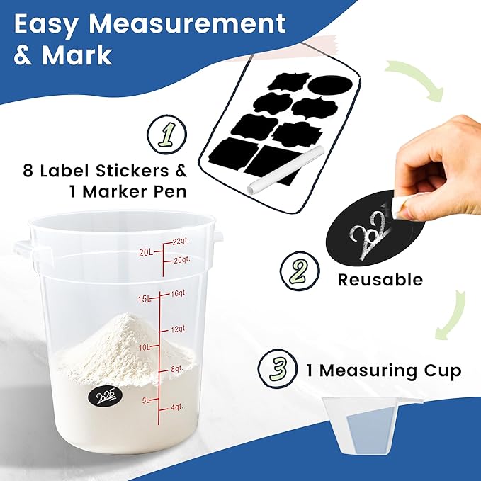 4 Pack 22QT Round Food Storage Containers with Lids, BPA-Free Polypropylene NSF Commercial Food Container, with Labels & Measuring Cup