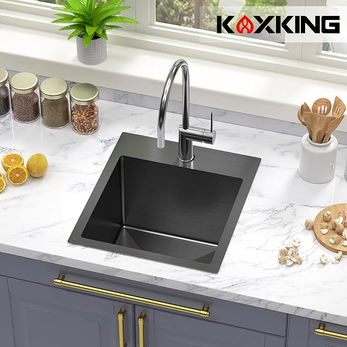 13 x 15 x 9 Inch Black Stainless Steel Bar Sink, Drop-in Topmount Deep Single Bowl Utility Prep Sink for RV, Wet Bar, Tiny Home, Laundry & Small Kitchen, 18 Gauge T304 with Basket Strainer