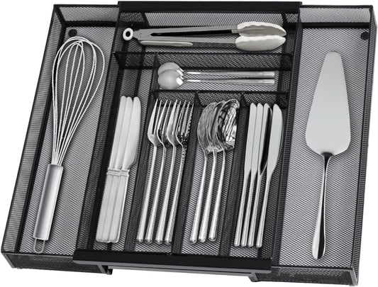 Silverware Organizer Metal Mesh, Large Drawer Organizer, Utensil Cutlery Tray for kitchen drawers, Expandable Flatware Organizer with 8 Compartment Black 11.6"~20" x 17.3"