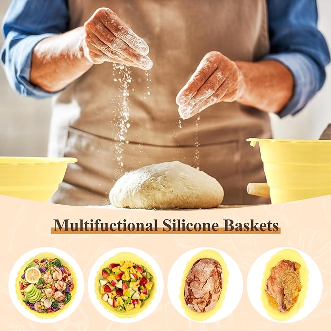 Neddie Upgraded Silicone Banneton Bread Proofing Basket, Sourdough Bread Baking Supplies Set of 2,9 Inch Round & 10 Inch Oval Foldable Sourdough Baking Baskets, Sourdough Starter Kit(Beige)