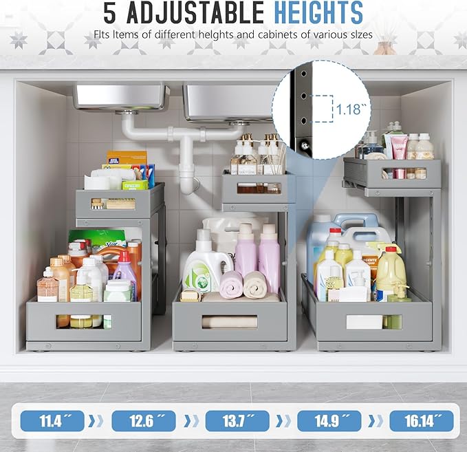 2 Pack 17IN Depth Under Sink Storage Organizer, Large 2-Tier Elegant Mesh Pull Out Shelf for Kitchen and Bathroom Cabinet Organization, L-Shaped and Adjustable Height Design-Gun Gray