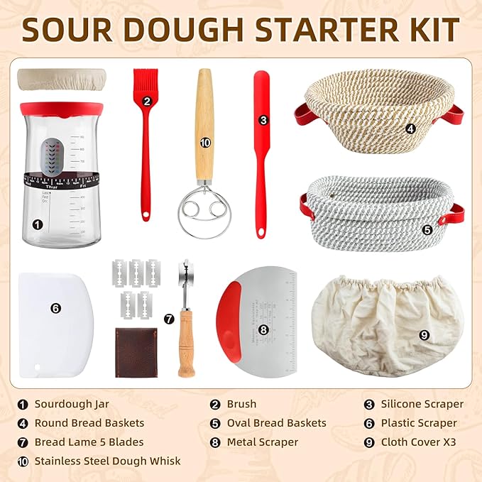 Sourdough Starter Kit,Gift for Bakers Sourdough Bread Baking Supplies,34oz Starter Jar, 2 Cotton Rope Proofing Baskets & More for Sourdough Starter Bread Making Baking Fermentation