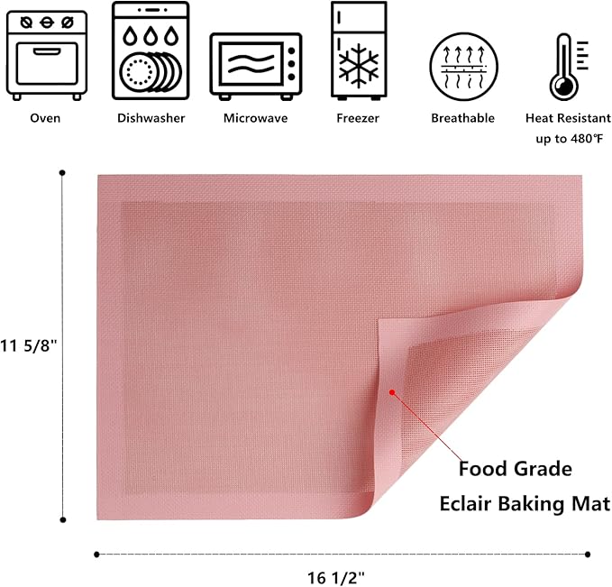 AMYONE Perforated Baking Mats, 2 PCS Pink Eclair Silicone Mat for Half Sheet, Non-Stick Reusable Oven Liners for Making Bread/Pizza/Pastry/Cookie 11 5/8" x 16 1/2", Sakura Pink