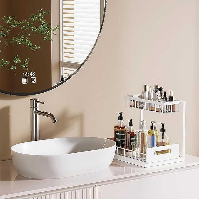 VUSIGN 2 Pack Under Sink Organizer and Storage, 2 Tier Under Cabinet Organizer for Bathroom Kitchen with Pull Out Storage Shelf Drawer, White