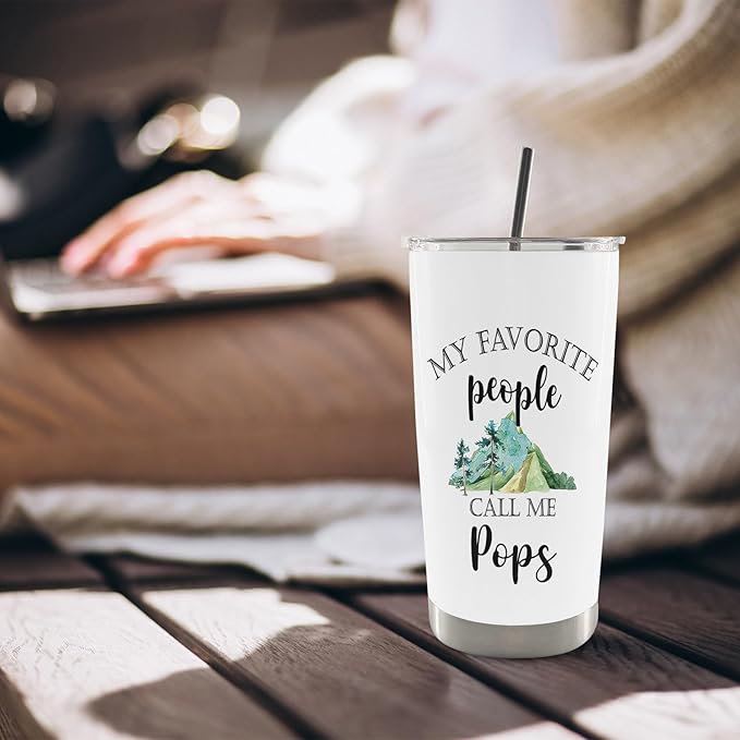 QASHWEY Pops Gifts Coffee Tumbler - Fathers Day Travel Tumbler Mug Gift for PopsGrandpa, PopsGifts from Grandkids, My Favorite People Call Me Pops Stainless Steel Tumblers with Straw and Lid 20 oz
