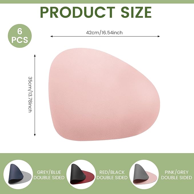 Leather Placemats Set of 6, Reversible Table Mats, Washable Dual Sided Waterproof Oilproof Wipeable Heat Resistant Leather Placemats for Kitchens Dining Table, 16.5 x 13.8