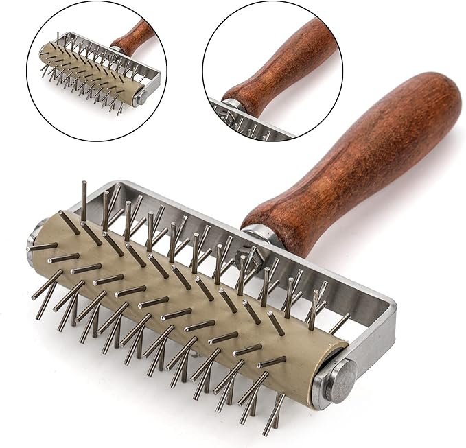 Hiceeden Set of 2 Pizza Dough Roller & Dough Docker, Stainless Steel Dough Hole Maker Puncher Wooden Rolling Pin for Pizza, Cookie, Pie, Pastry, Bread, Crust