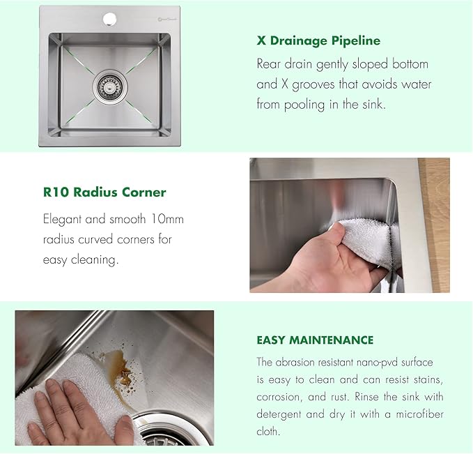 Drop In Kitchen Sink, 15 x 15 x 10 Inch 16 Gauge Single Bowl Topmount Wet Bar Sink T-304 Stainless Steel RV Kitchen Sinks