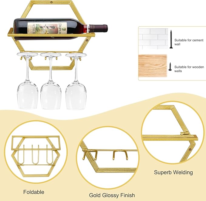 2Pcs Wall Mounted Wine Bottle Stemware Rack, Metal Hanging Wine Display Holder with 3 Stemware Glass Organizer, Red Wine Racks for Home Kitchen Bar Decor (Gold)