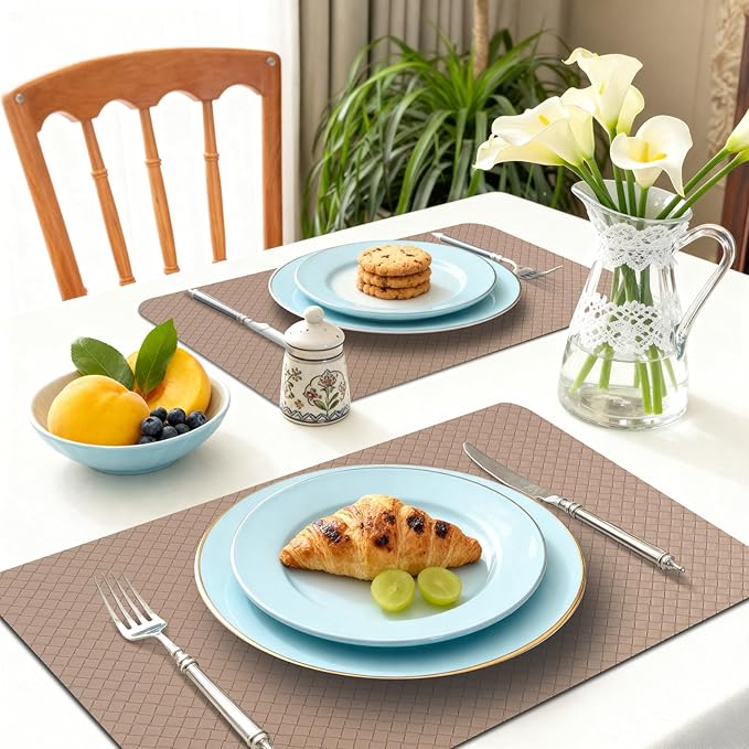 Vinyl Placemats Set of 6-12×17.7 Inch Waterproof & Heattable Placemats, Fall Faux Leather Wipeable Outdoor Table Mat for Dining, Kitchen, Indoor Outdoor Use (Apricot Color, Woven Pattern)