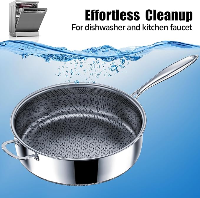 5 Qt Saute Pan with Lid, 5 Ply Stainless Steel Pan with Lid, Non Stick Frying Pans, Cooking Pot Deep Frying Pan Non-Toxic, For Induction, Oven, Dishwasher Safe