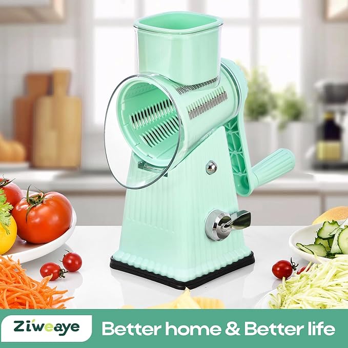 Xilrvna Rotary CheeseGrater, Vegetable Shredder 5 in 1 CheeseGraterwithHandleedderReinforcedSuction,EasytoClean,KitchenChopperforCrushed Ice,Fruits and Nuts with Blade Storage Case（Green）
