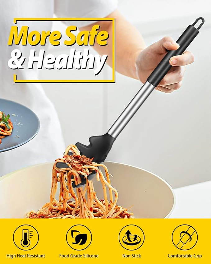 Pack of 2 Silicone Pasta Fork, Kitchen Heat Resistant Noodle Spoon Server, BPA Free Spaghetti Strainer, Best Cooking Tools (BLACK-RED)