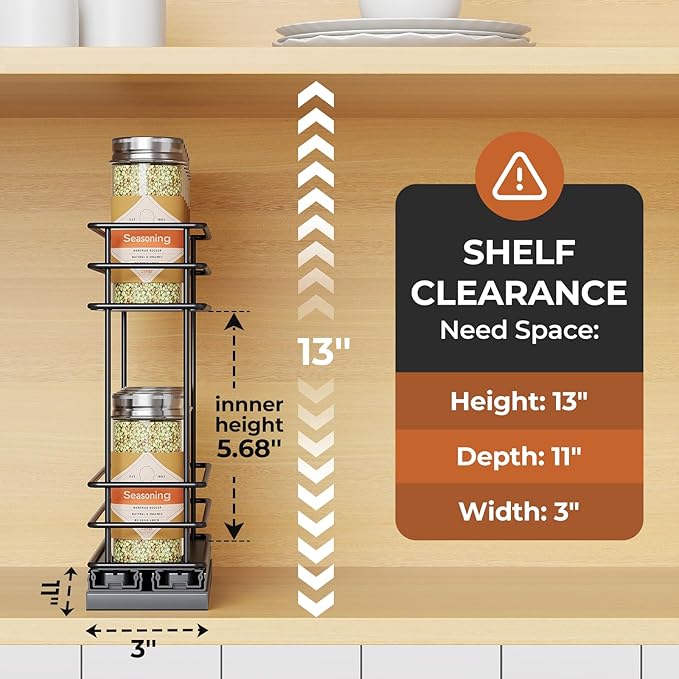Pull Out Spice Rack Organizer for Cabinet, Slide Out Spice Racks, Easy to Install Spice Cabinet Organizer, 2.1''Wx10.35''Dx8.26''H, 1 Drawers 2 Tiers（Black）