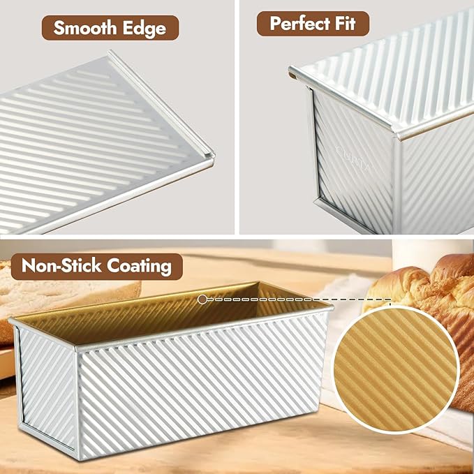 CURTA Commercial Pullman Loaf Pan with Lid 2.2 lb Dough Capacity Non-Stick Bakeware for Baking Bread Corrugated Bread Toast Box Mold Extra Large Loaf Pan Silver 2 pcs