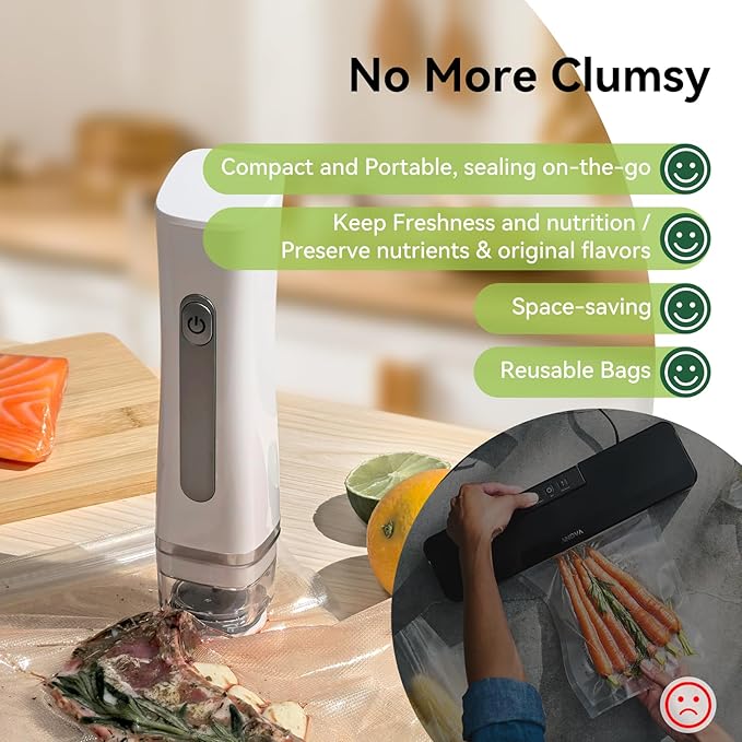 Compact Vacuum Sealer Machine for Food Preservation with 30 Reusable Vacuum Storage Freezer Bags, Portable Handheld Food Saver, Suitable for Meal Prep, Sous Vide Cook, Outdoor BBQ, Kitchen Leftover