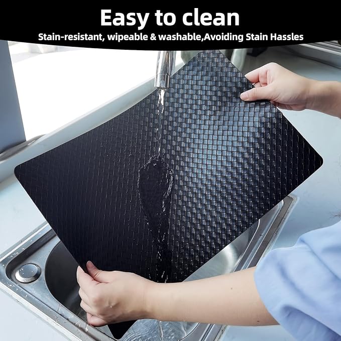 Vinyl Placemats Set of 6-12×17.7 Inch Waterproof & Heattable Placemats, Fall Faux Leather Wipeable Outdoor Table Mat for Dining, Kitchen, Indoor Outdoor Use (Dark Blue, Woven Pattern)