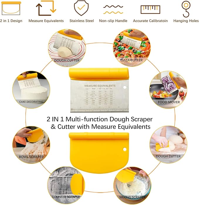 MIKULA Rolling Pin, Rolling Pins Thickness Rings and Silicone Baking Pastry Mat Set, Stainless Steel Dough Roller Rolling Pins for Baking & Bench Scraper For Pizza, Cookies, Pie, Pasta, Pastries