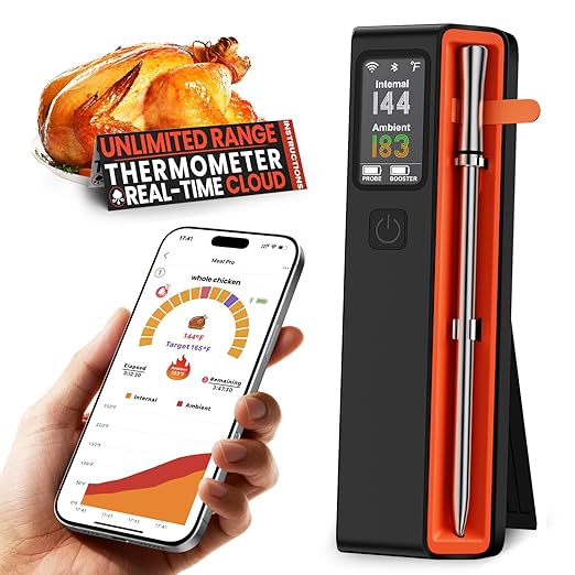 Wireless Bluetooth Smart Meat Thermometer: ±0.5°F Precision, 1 Probe with 6 Sensors - WiFi Thermometer NIST Certified Accuracy, LED Smart Base, Long-Range for BBQ, Oven, Smoker, Rotisserie