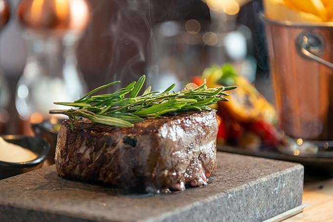 Black Rock Grill Steak, Hot Stone Grill - Sizzling Hot Rock, Indoor Grill, Cooking Stone with Matt Black Ramekins and Side Plate (One Standard Set)