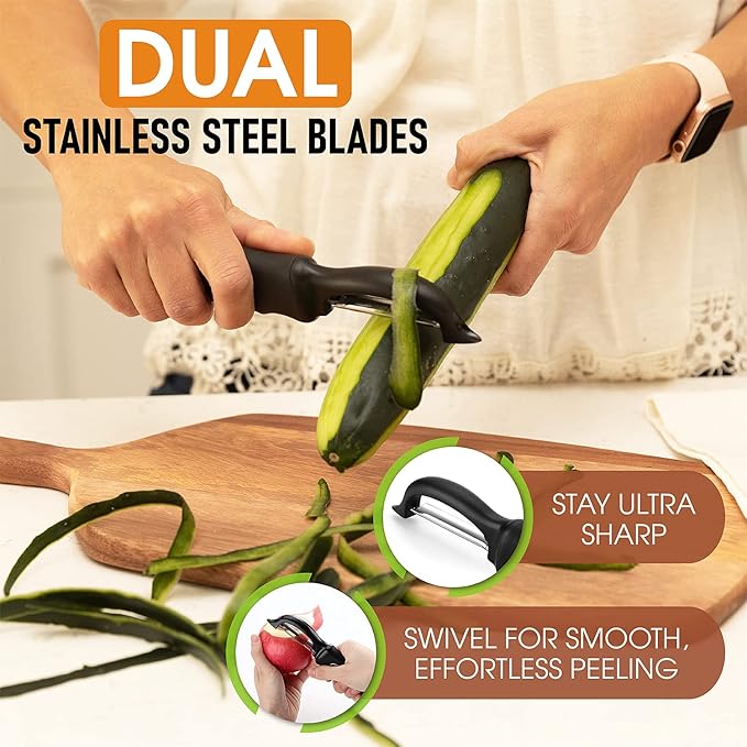 Spring Chef Premium Swivel Vegetable Peeler, Soft Grip Handle and Ultra Sharp Stainless Steel Blades - Perfect Kitchen Peeler For Veggie, Fruit, Potato, Carrot, Apple - Black - Set of 2