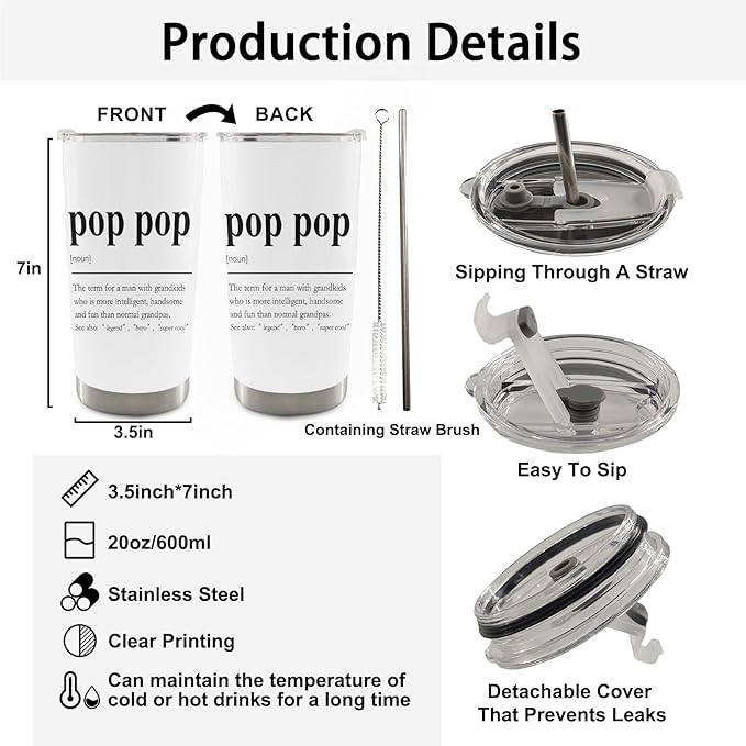 QASHWEY Pop Pop Gifts Coffee Tumbler - Pops Grandpa Gifts from Grandkids Travel Tumbler Coffee Mug, Gift for PopPop Fathers Day, PopPop Definition Stainless Steel Tumblers with Straw and Lid 20 oz