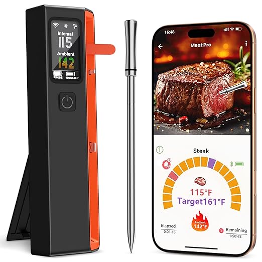 PROGRACE Smart Bluetooth Wireless Meat Thermometer: Standalone Base, WiFi Unlimited Range, 6 Sensors with NIST Certified Accuracy, for iOS and Android, for Kitchen, BBQ, Grill, Oven, Smoker