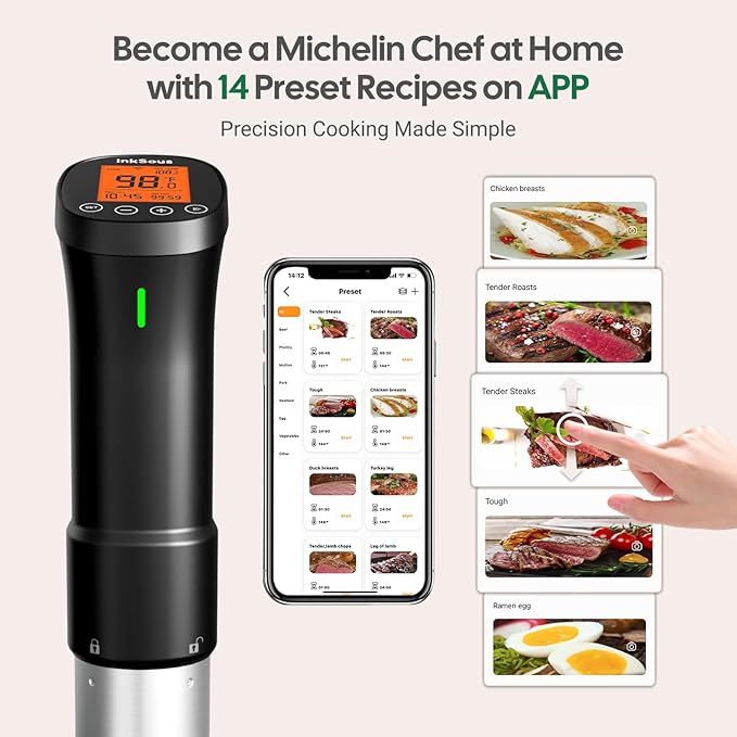 WIFI 2.4G Sous Vide Cooker 1000W Immersion Circulator with APP 14 Recipes,Alarm,Calibration & Timer, 3D Water Fast Heating Ultra-Quiet Sous Vide Machine