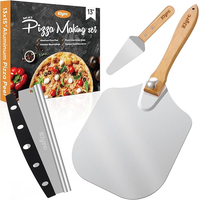 Pizza Peel Aluminum Pizza Spatula Set, 13 x 15 Inch Metal Pizza Paddle with Foldable Wooden Handle, Pizza Rocker Cutter, Pizza Server, Pizza Oven Accessories for Baking Homemade Pizza Bread
