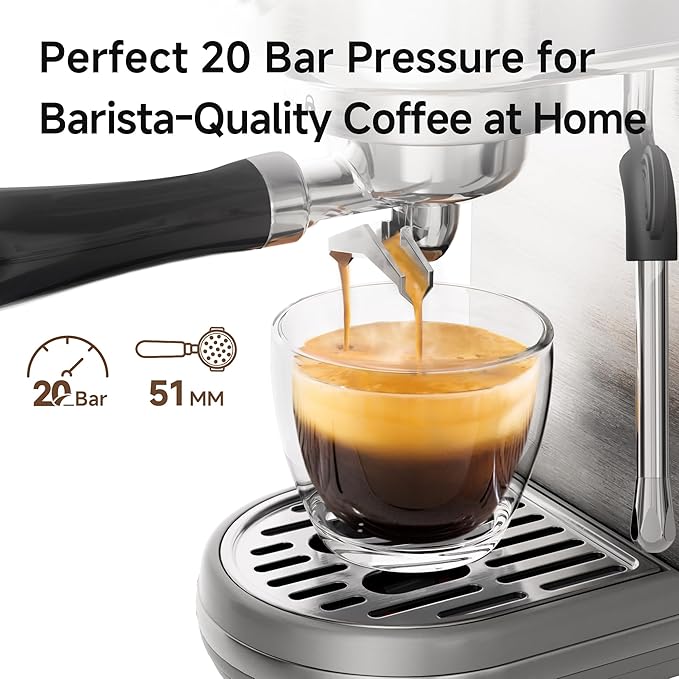 HIBREW Espresso Machine 20 Bar, Semi-Automatic Cappuccino Maker with Milk Frother for Latte Art, Adjustable Temperature & Water Volume, with Display, Pressure Gauge & Stainless Steel Body
