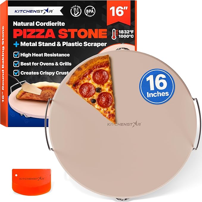 KitchenStar 16-inch Pizza Stone for Oven and BBQ Grill with Handles, Round, 5/8" Thick - Natural Cordierite, 1800 °F Resistant, Baking Stone Set with Stainless Steel Rack & Plastic Scraper Tool