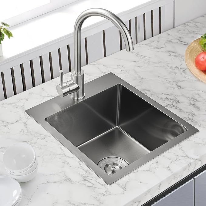 13 × 15 inch Drop in Bar Sink Black - Topmount Small Kitchen Sink Single Bowl, Handmade T-304 Stainless Steel Overmount Kitchen Bar Sinks with Basket Strainer