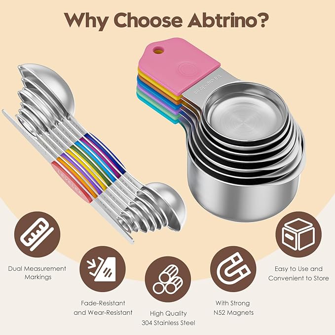 Magnetic Measuring Cups and Spoons Set - 304 Stainless Steel | Dual-sided Design | Set of 15 with Leveler | Strong N52 Magnetic Nesting Design | for Dry & Liquid Ingredients (Colorful)