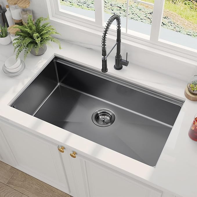 33 inch Gunmetal Black Undermount Kitchen Sink, Hausinluck Stainless Steel Undermount Workstation Sink 16 Gauge, Handmade Single Bowl Kitchen Sink with Ledge and Accessories (Pack of 5)