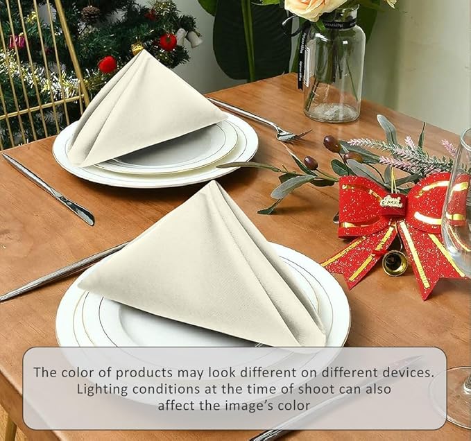 Ruvanti Cloth Napkins Set of 12, 18x18 Inches Napkins Cloth Washable, Soft, Durable, Absorbent, Cotton Blend. Table Dinner Napkins Cloth for Hotel, Lunch, Restaurants, Wedding Parties - Ivory/Cream
