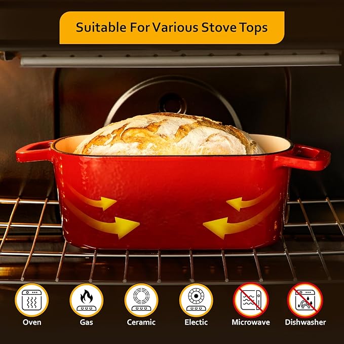 Velaze 3.6QT Dutch Oven for Bread Baking,Oval Cast Iron Enameled Bread Oven Pan with Lid and Offset Handles,Oven Safe to 500°F for Homemade Sourdough Bread(Red)