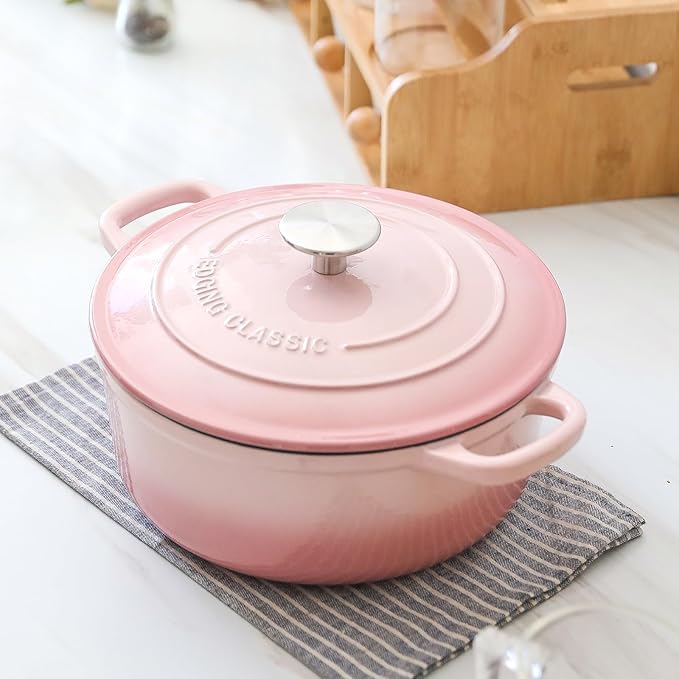 Enameled Cast Iron Covered 5.5 Quart Dutch Oven with Dual Handle, Dutch Ovens with Lid for Bread Baking, Pink