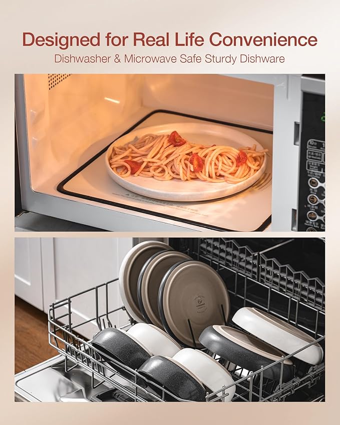 Famiware Milkyway Plates and Bowls Sets, 12 Pieces Dinnerware Sets, Reactive Glaze Dish Set, Stoneware Dishes Set for 4, Matte White & Matte Dark Charcoal