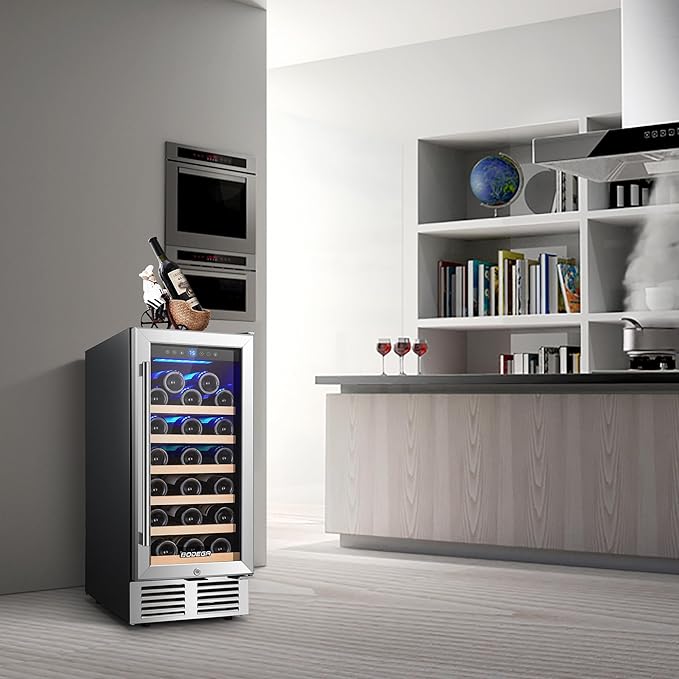 BODEGA Wine Fridge Freestanding, 15 inch Under Counter Wine Refrigerator, Cooler with App Control, Glass Door, for Kitchen, Bedroom, Home, Office, Holds 31 Bottles