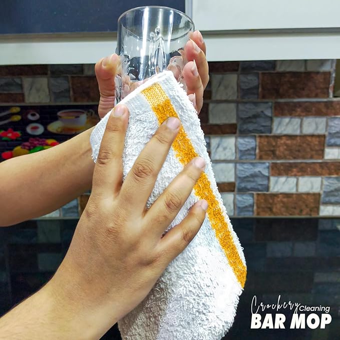 Bar Mops Gold Stripe Pack of 60 Kitchen Towels 16x19 Multi-Purpose for Home, Restaurant and Cleaning White Absorbent Washcloth Dishcloths Sets, Reusable Dish, Cloths Rags