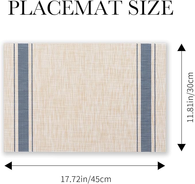 BACKTOEDEN Placemats Set of 6 Heat Resistant Washable Wipeable Placemat Woven Non-Slip Foldable Vinyl/Plastic Place Mats Indoor/Outdoor Mat Kitchen Dining Table Pad, Blue Skyline