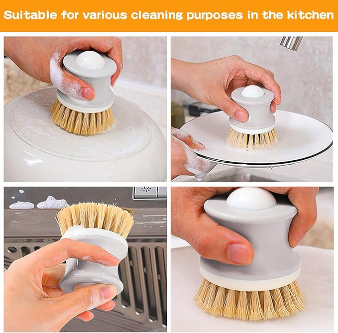 Dish Brush with Handle, Kitchen Scrub Brushes for Cleaning, Dish Scrubber with Sisal bristles for Sink, Pots, Pans (1Pack Light Gray Sisal bristles)