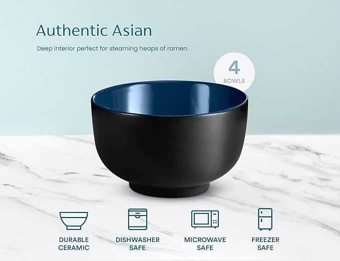 KooK Ramen Bowl, Japanese Bowls, Noodle Bowls, Large Soup Bowl, Ceramic, Large Capacity, For Ramen, Pho, Udon, Soba, Microwave and Dishwasher Safe, 34 oz, Set of 4 (Black/Navy)