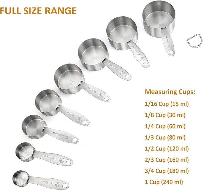 Stainless Steel Measuring Cups, 8 Piece Heavy Duty 18/8 Steel Measuring Cups Set